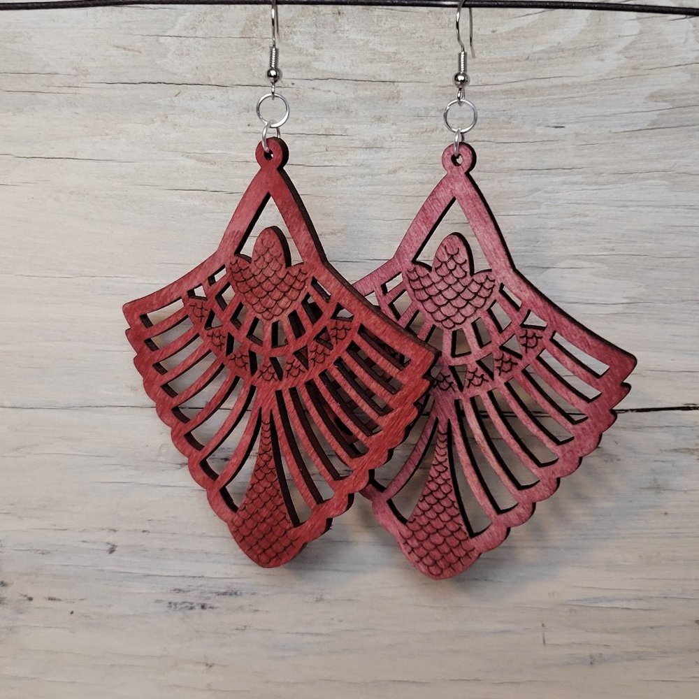 Wood Earrings - Red Intricate Fan